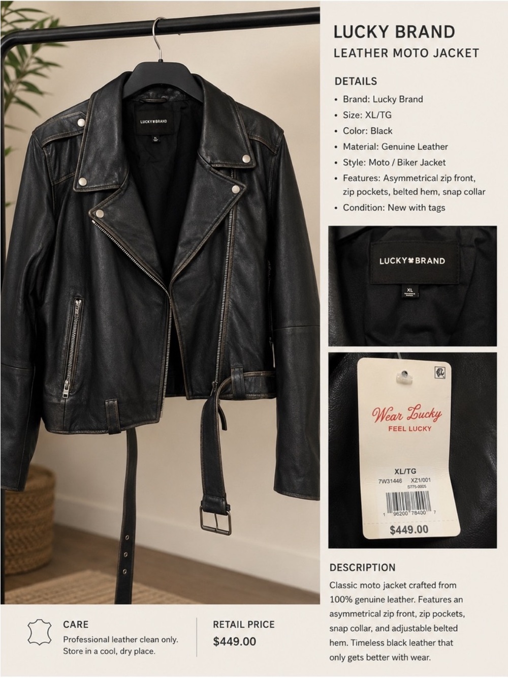 NWT Lucky Brand Black Leather Moto Jacket with Belted Hem size XS